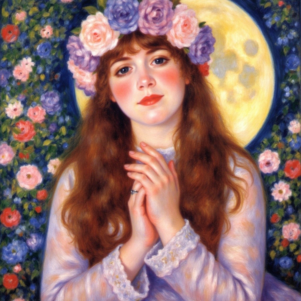 Young woman in lavender dress with floral crown and moon