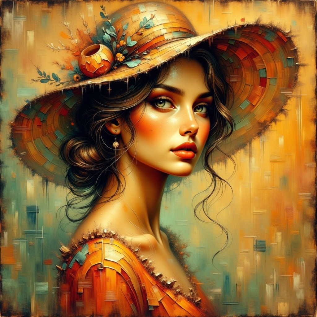 Young woman in straw hat with serene expression