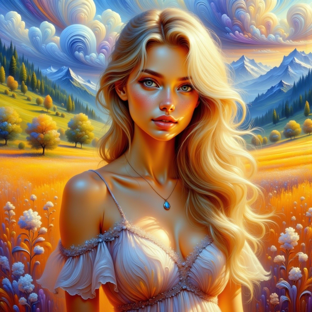 Young Woman in Colorful Autumn Landscape Setting