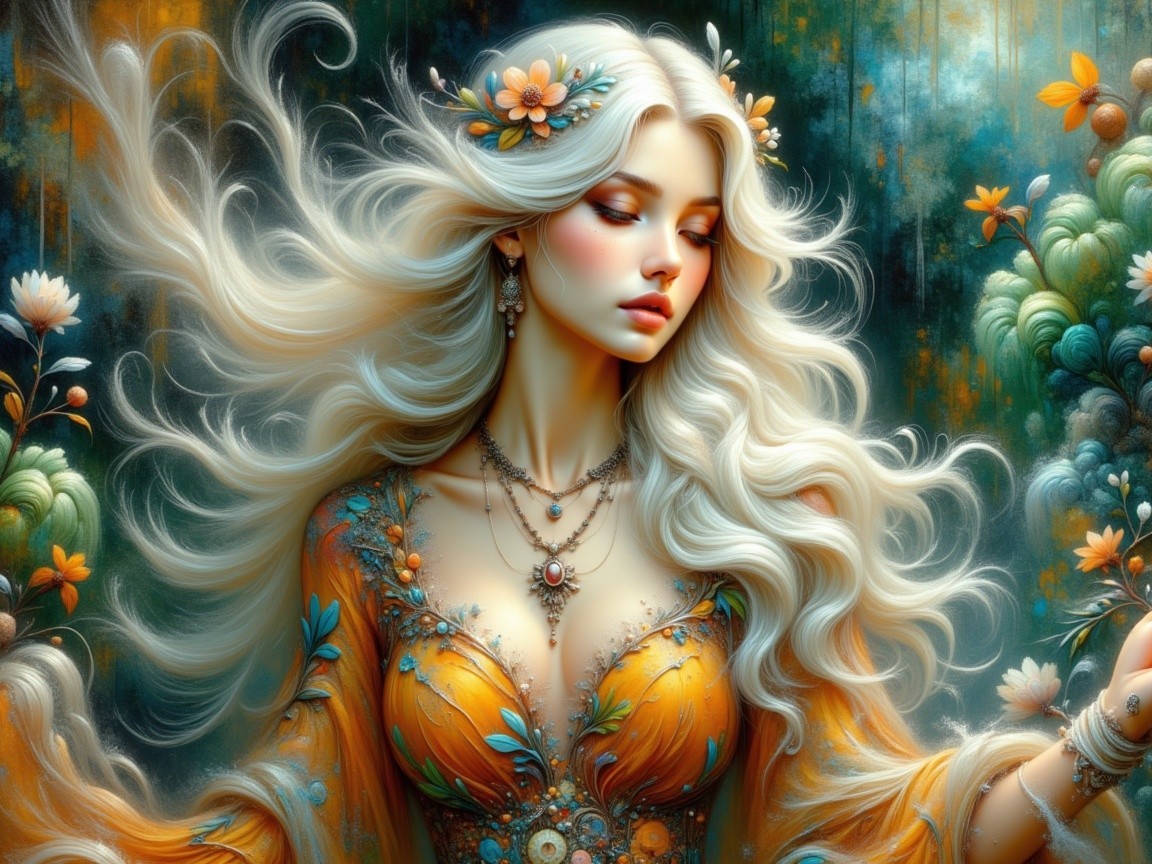 Serene Young Woman in Floral Gown Surrounded by Nature