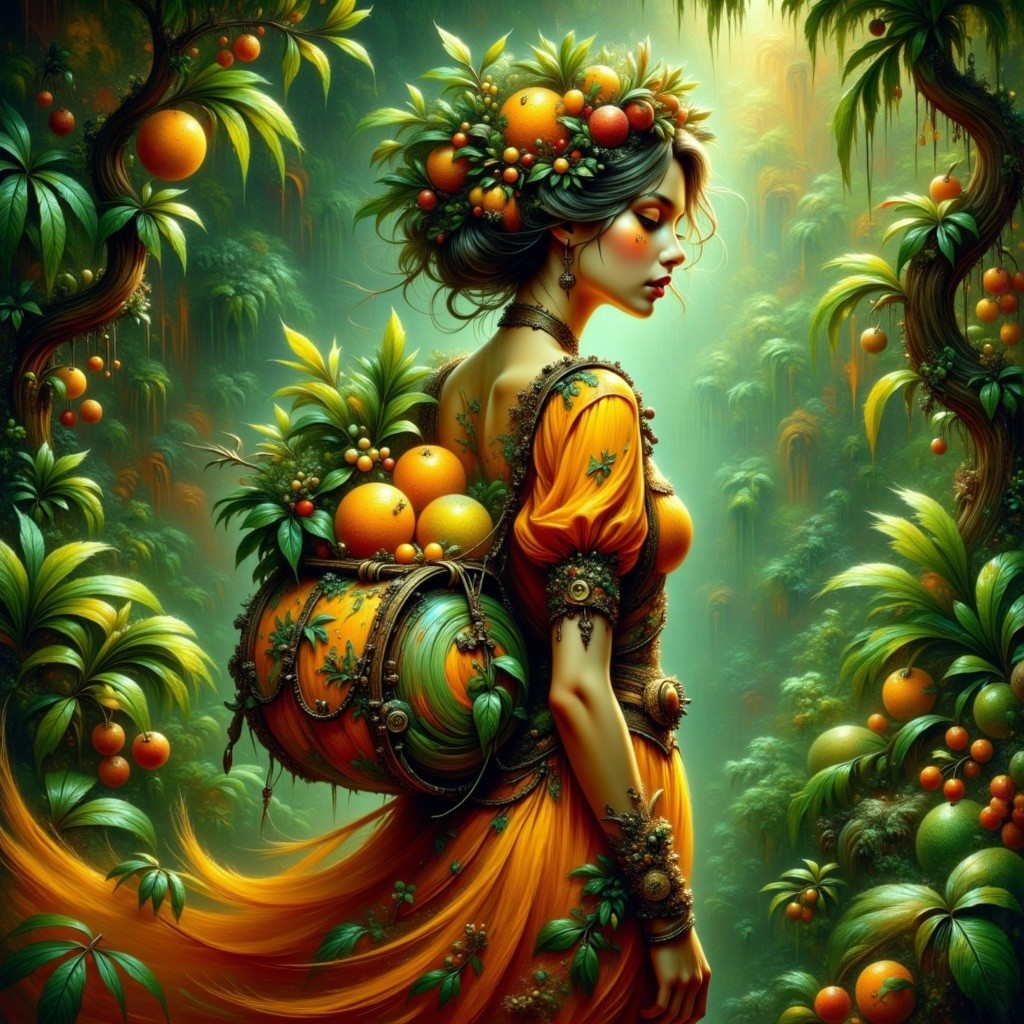 Woman in Orange Gown Surrounded by Enchanted Forest