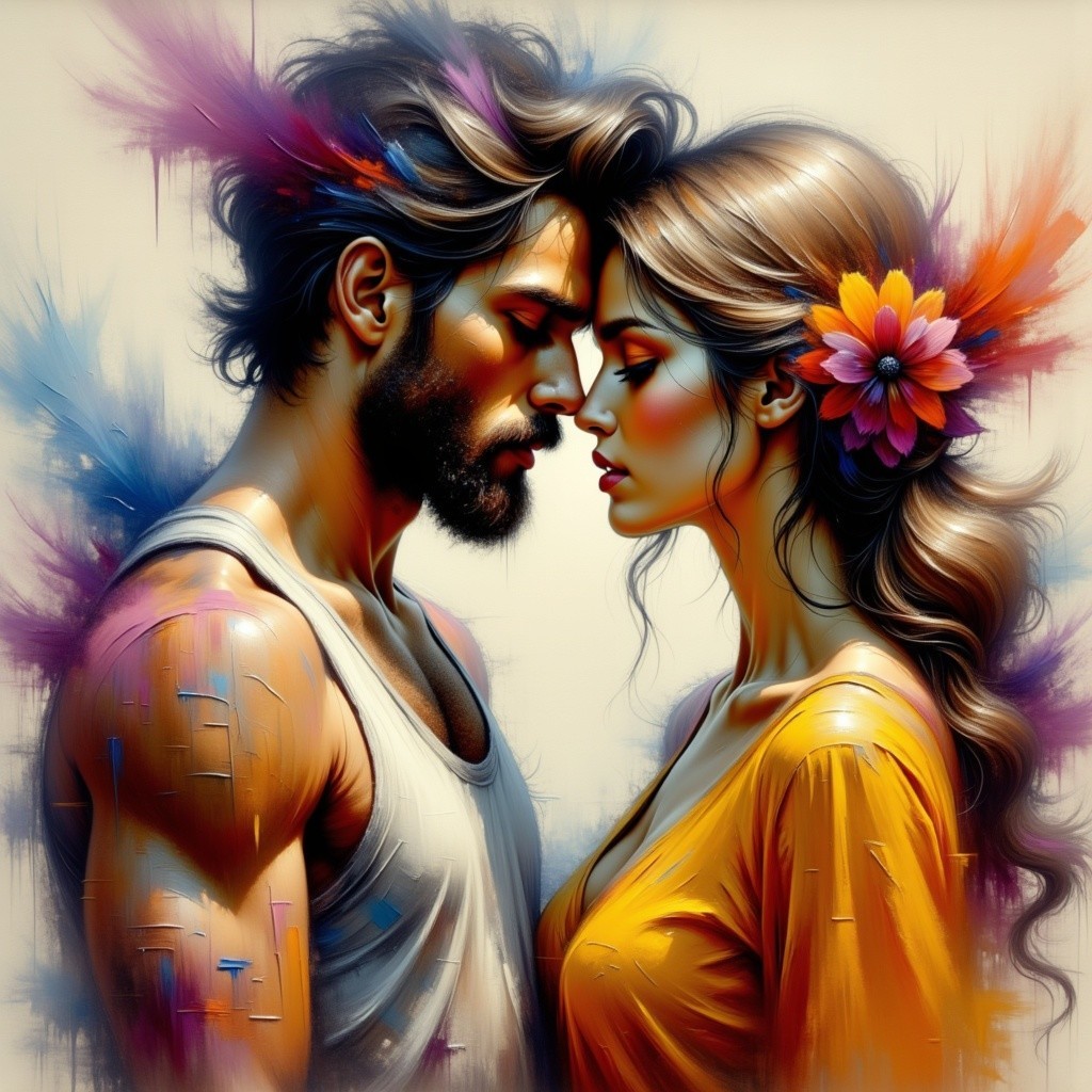 Close Moment Between Couple with Abstract Background