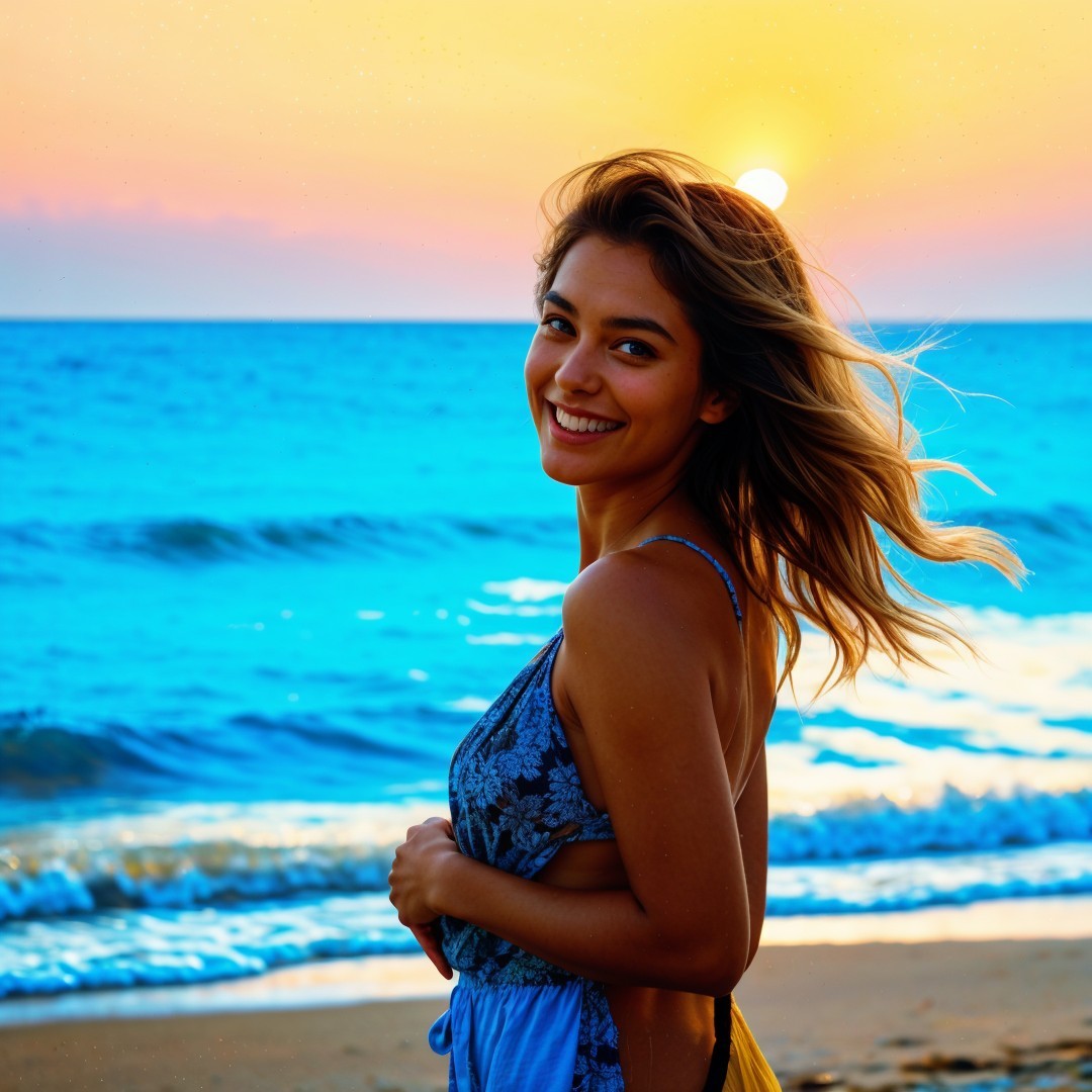 Young Woman on Beach at Sunset with Vibrant Sky