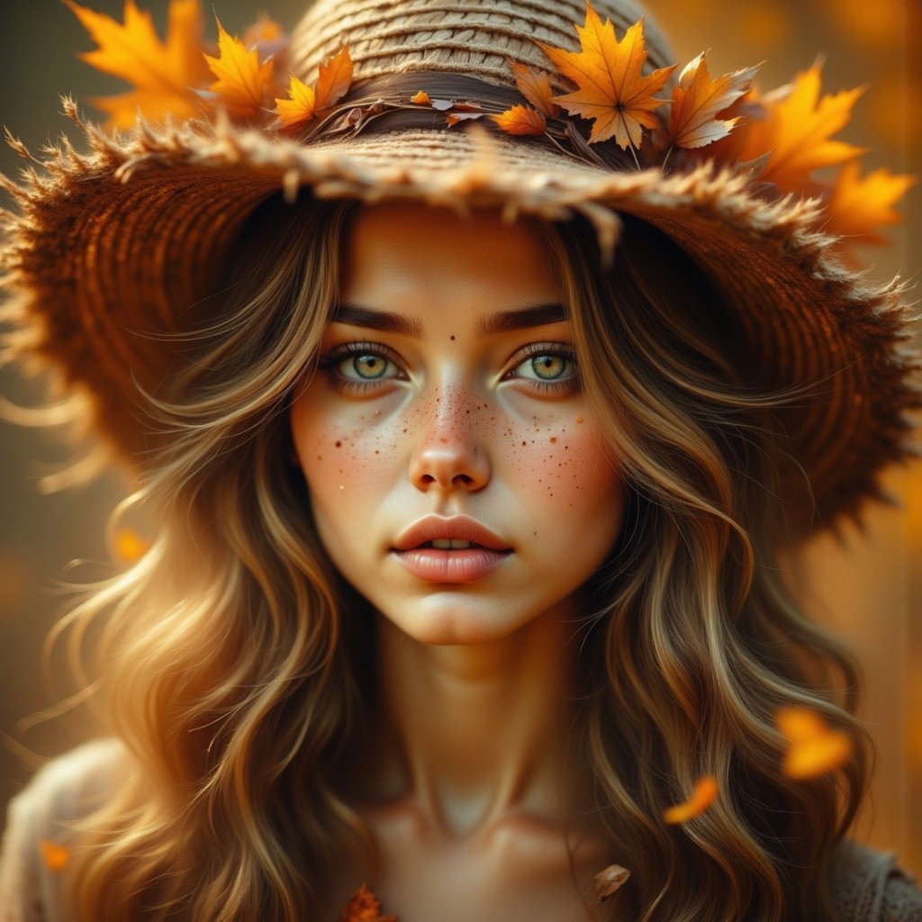 Autumn-Themed Portrait of a Young Woman with Leaves