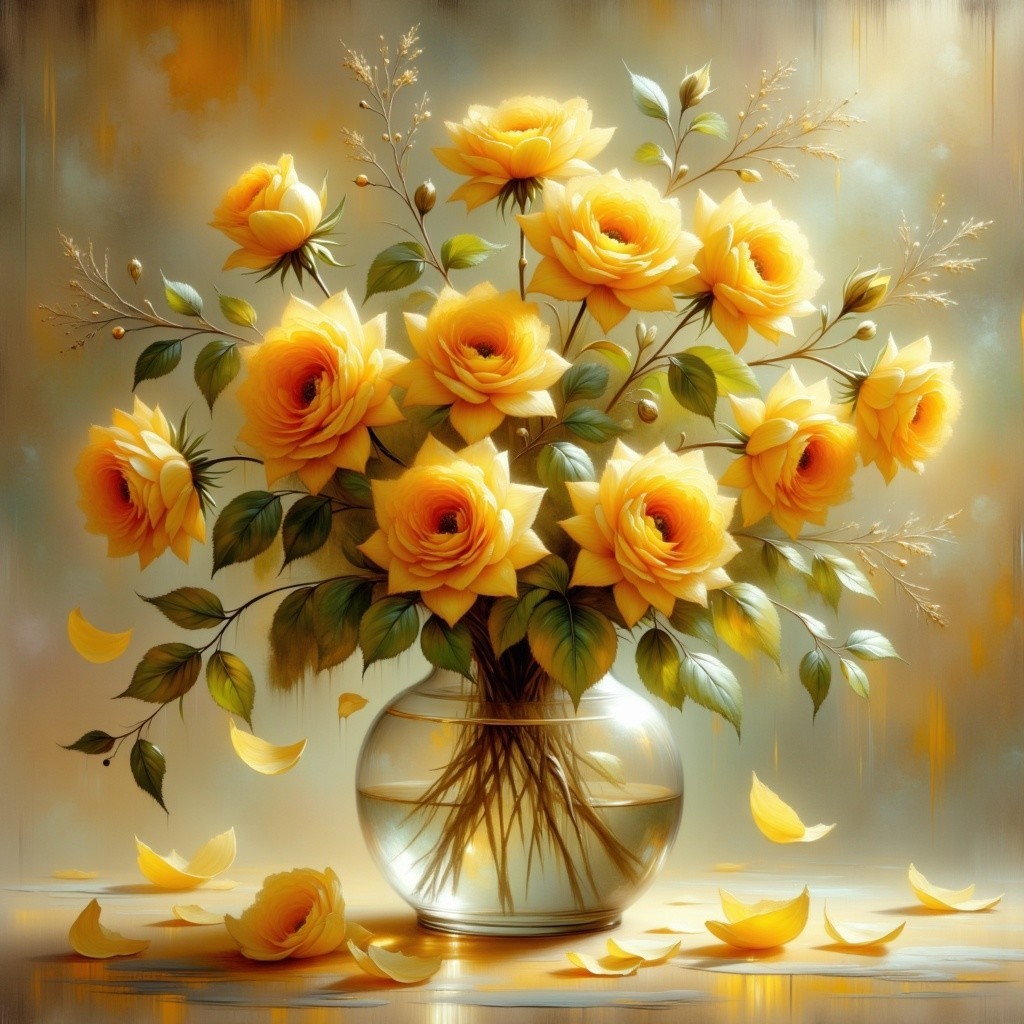 Vibrant Yellow Roses in Clear Glass Vase Arrangement