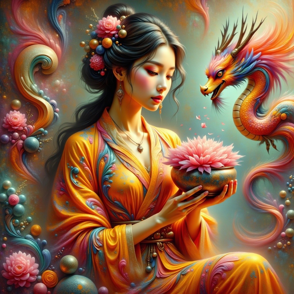 Serene Woman in Orange Kimono with Lotus and Dragon
