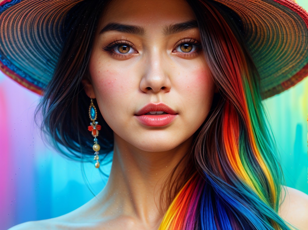 Vibrant Headshot of a Young Woman with Rainbow Hair
