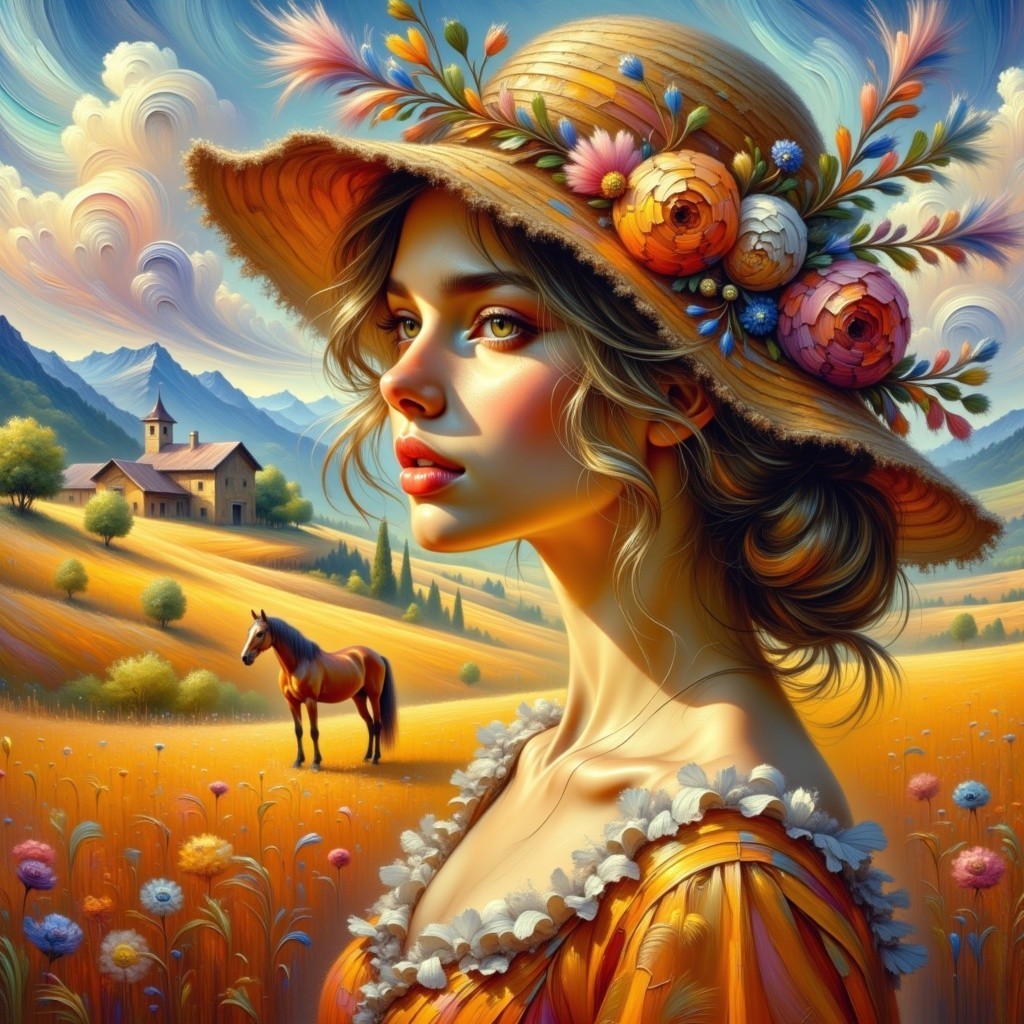 Young Woman in Straw Hat Amidst Scenic Landscape