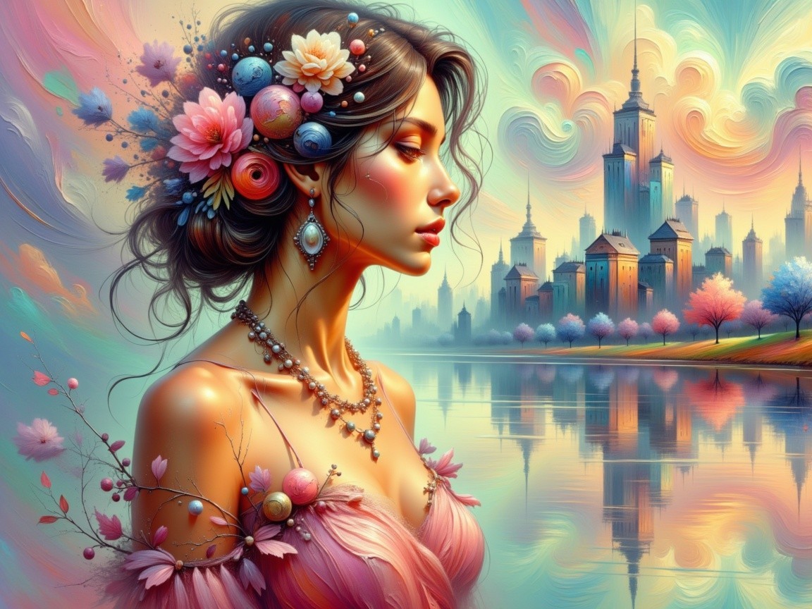 Ethereal Woman with Flowers Against Dreamy Skyline