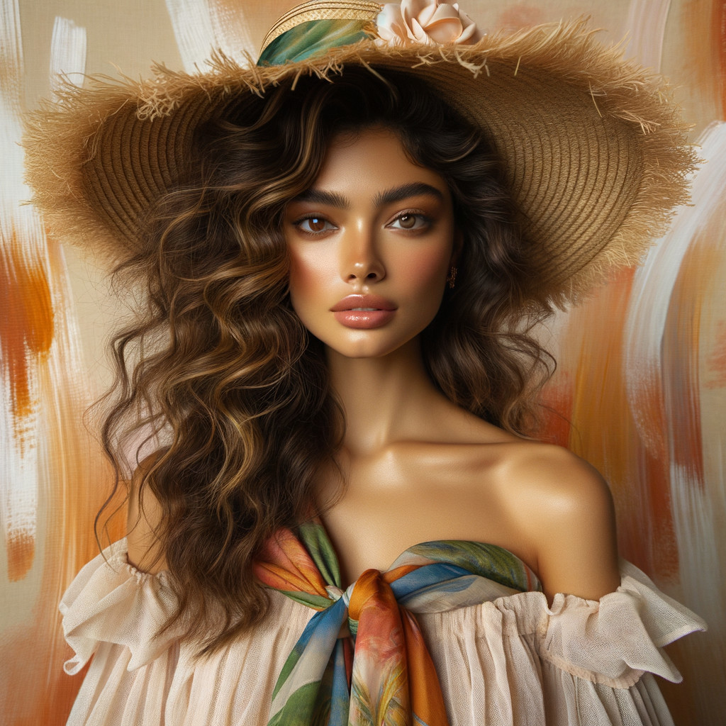 Portrait of a Woman in Straw Hat and Colorful Scarf