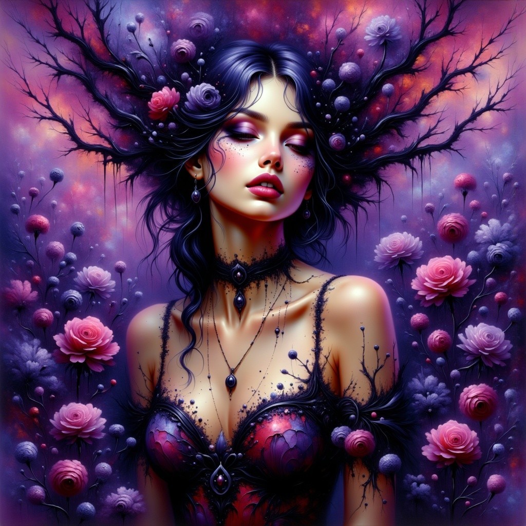Mystical Portrait of Woman with Floral Designs