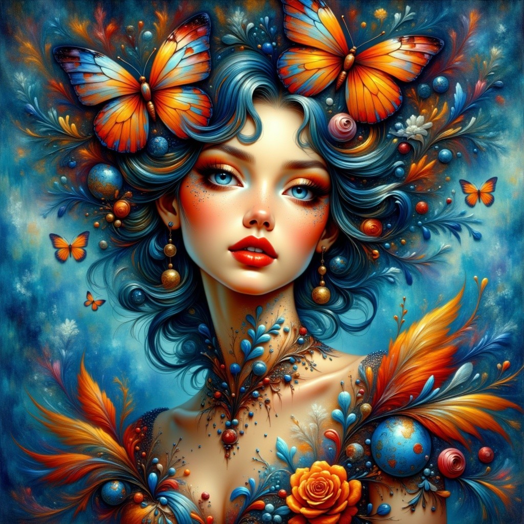 Young Woman Surrounded by Flowers and Butterflies