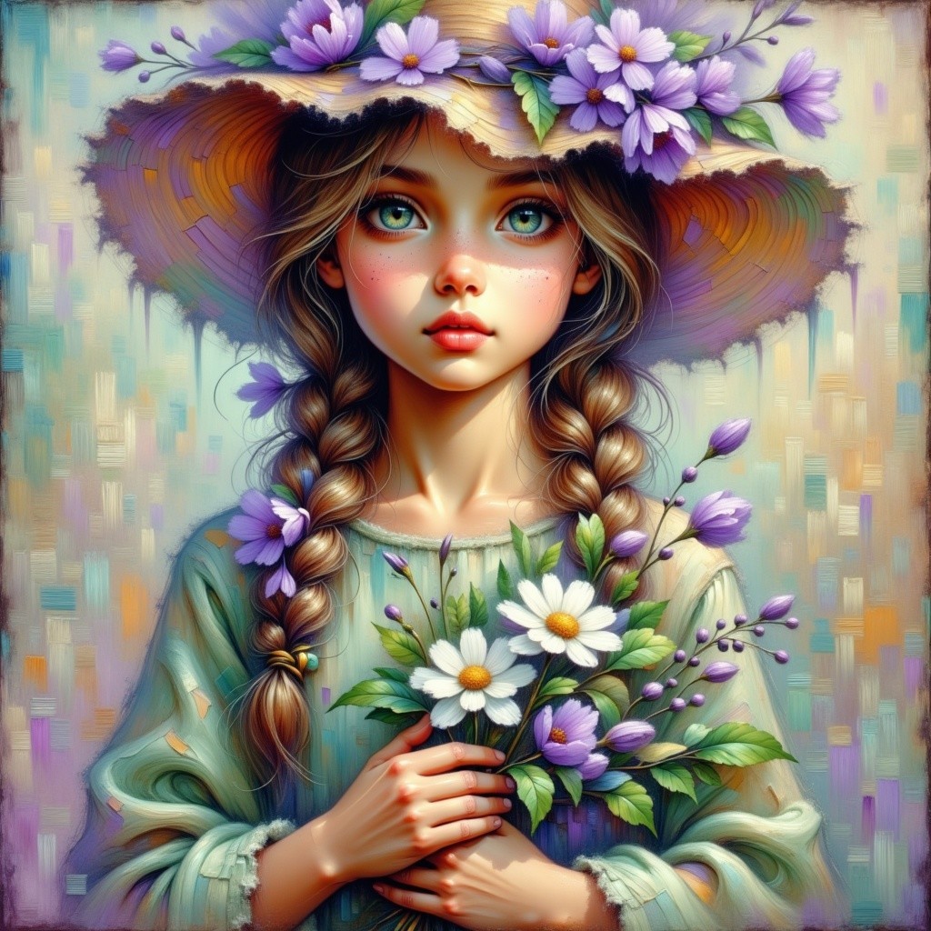 Young girl in straw hat with flowers and bouquet