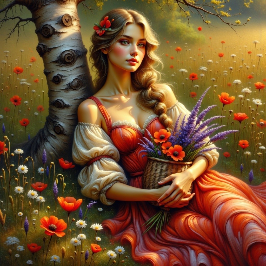 Young Woman in Red Gown by Birch Tree with Flowers