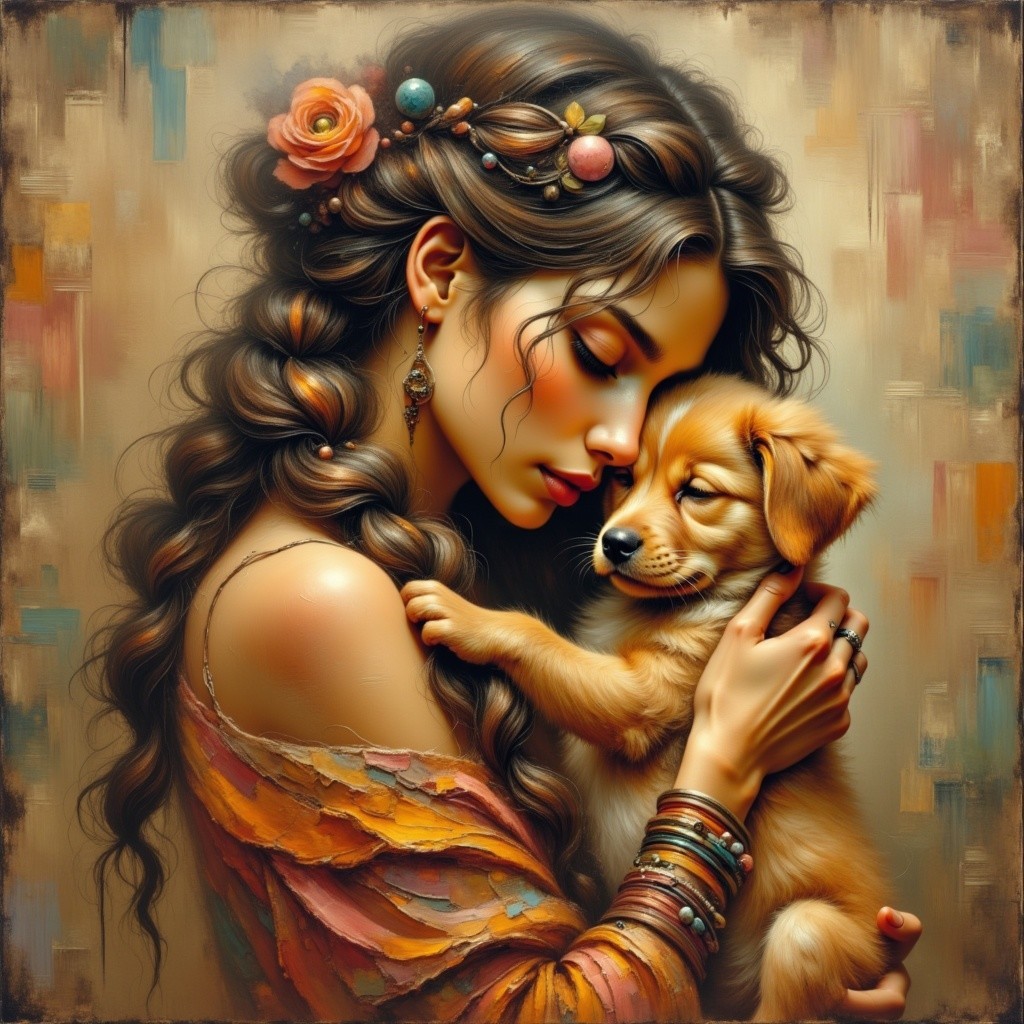 Tender Moment Between Woman and Golden Puppy