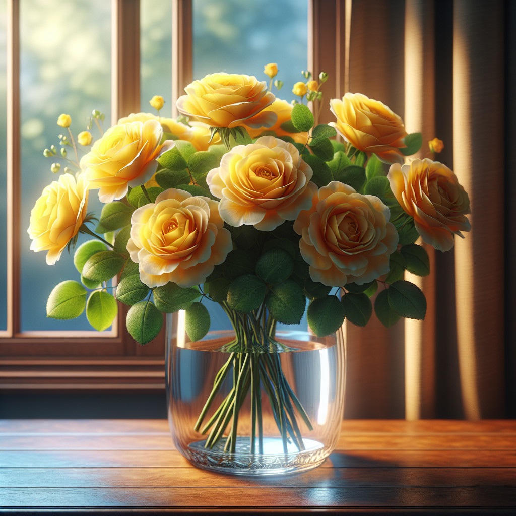 Vibrant Yellow Roses in Glass Vase on Wooden Table