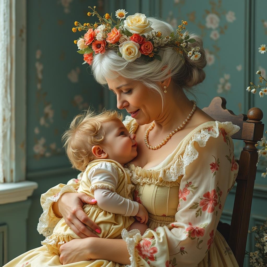 Mother in Vintage Floral Dress with Baby in Pastel Room