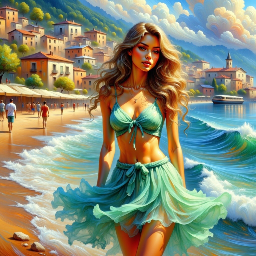 Beach Scene with Woman in Mint Green Dress