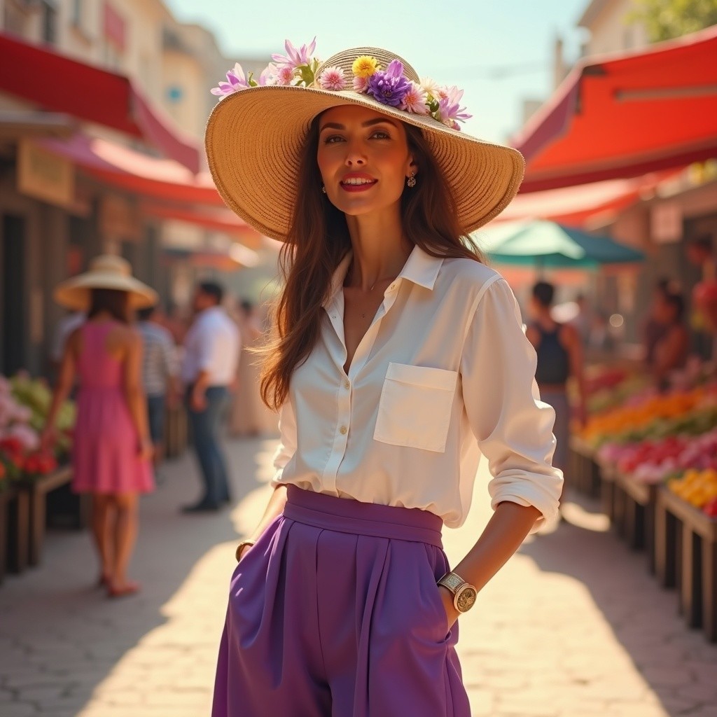 Young Woman in Vibrant Market with Colorful Stalls