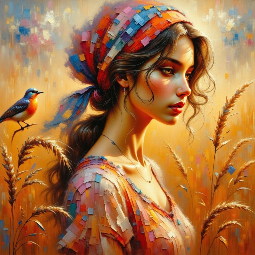 Young woman with flowing hair in wheat field artwork
