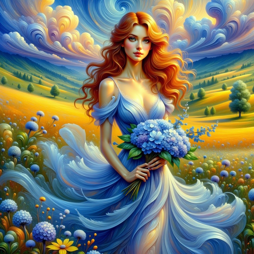 Woman with Red Hair in Colorful Landscape Scene