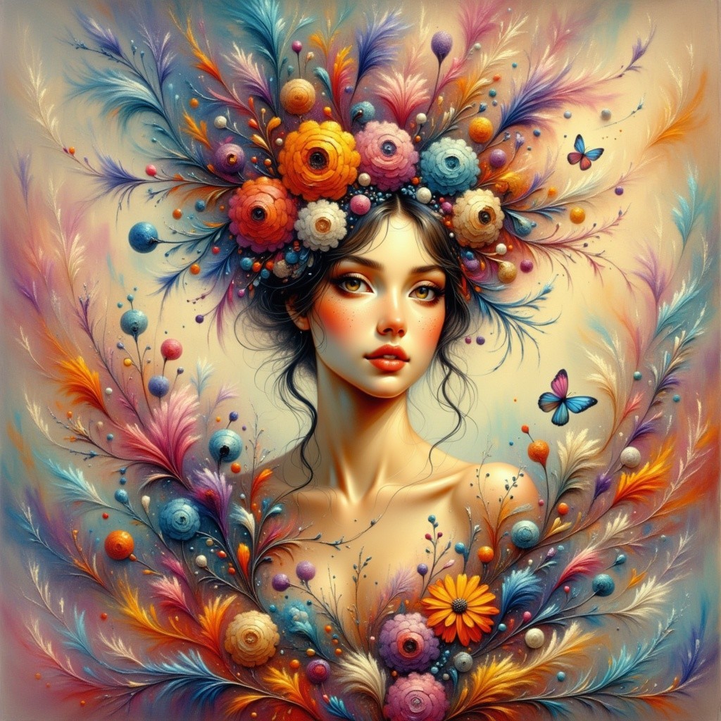 Woman with Floral Crown and Colorful Background