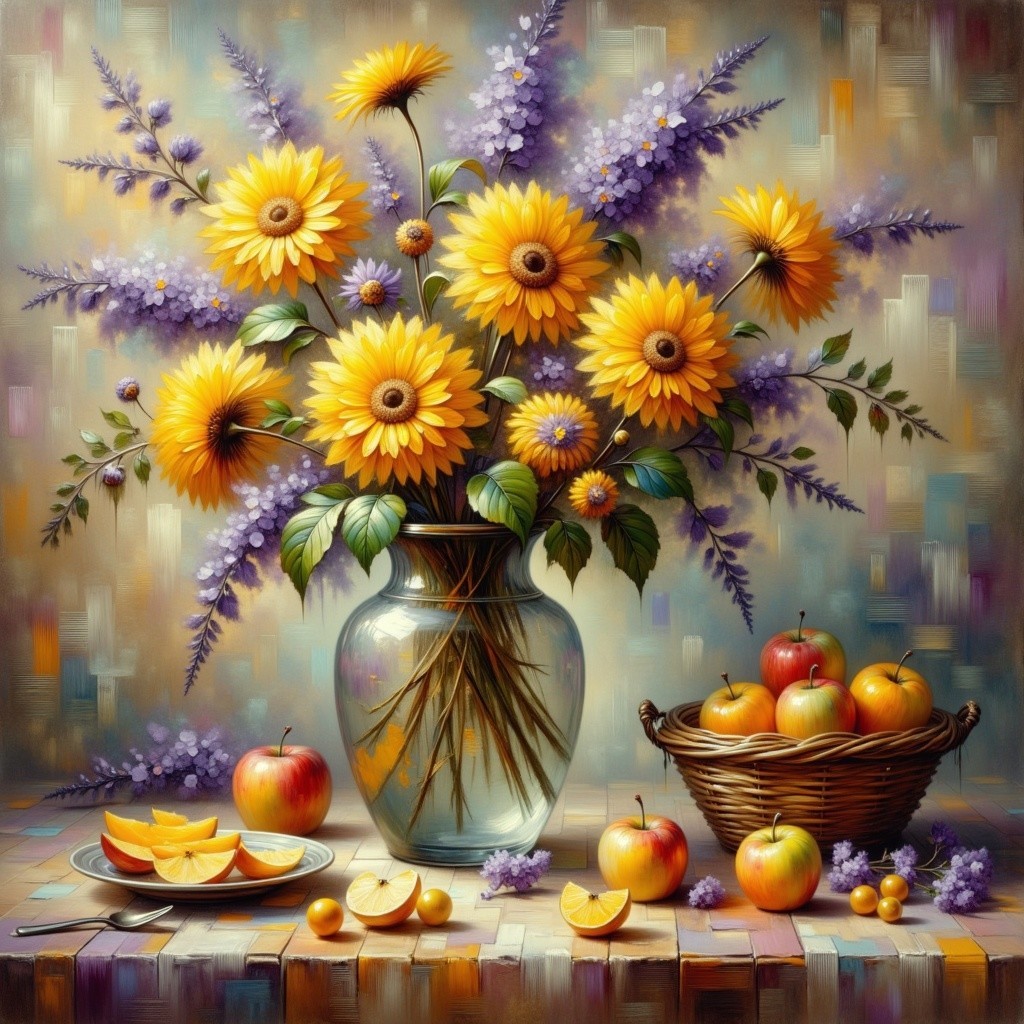 Vibrant Still Life with Sunflowers and Fruits