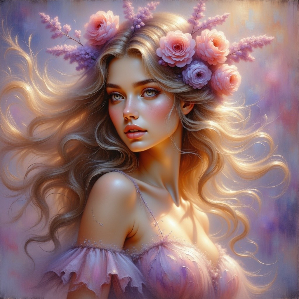 Young Woman in Pastel Dress with Floral Accents