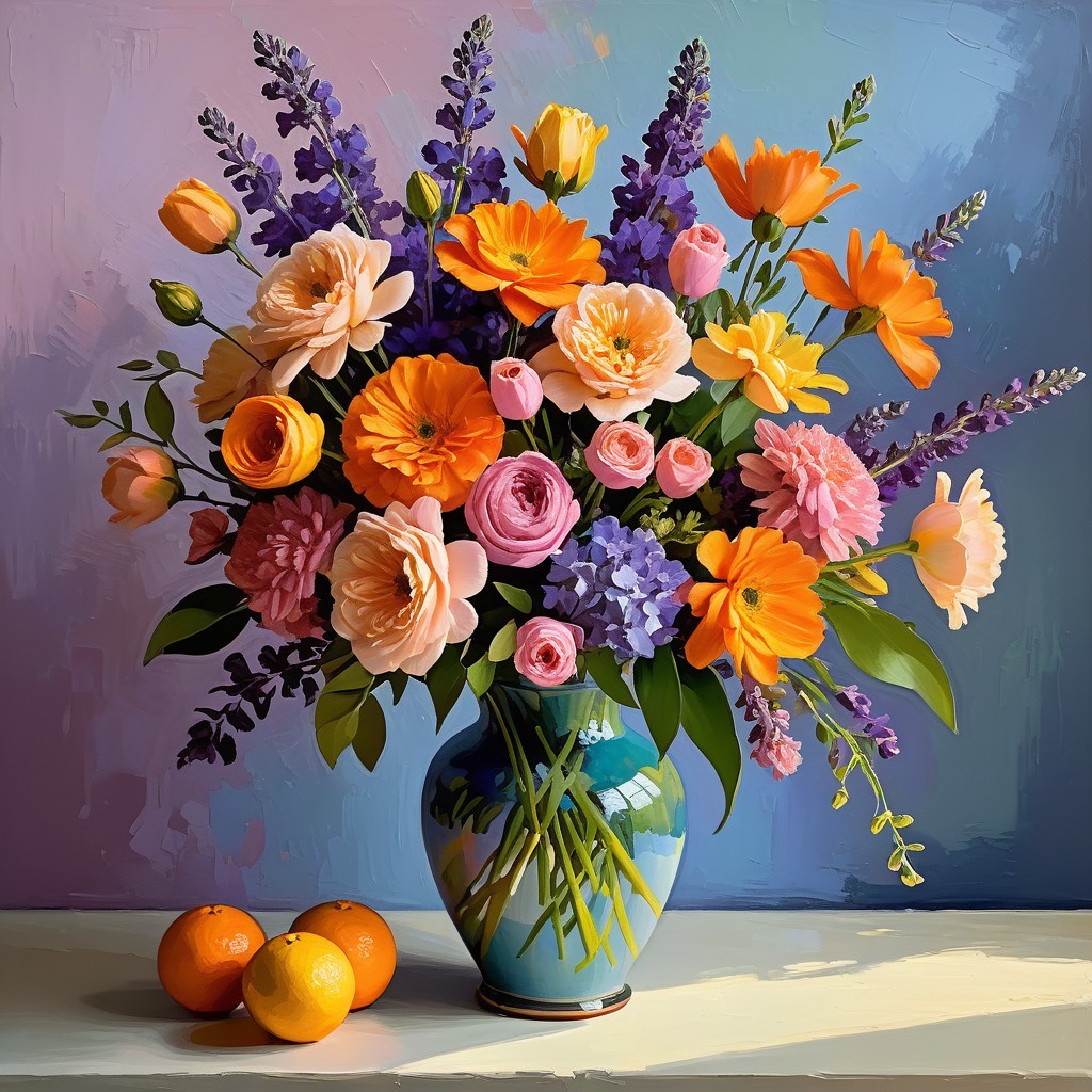 Colorful Flower Bouquet in Blue Vase with Oranges