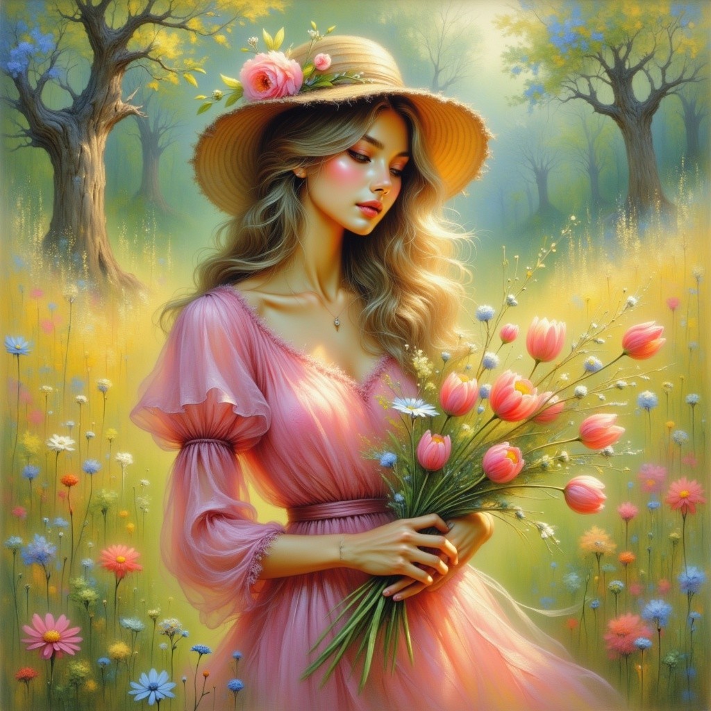 Serene Meadow Scene with Young Woman and Tulips