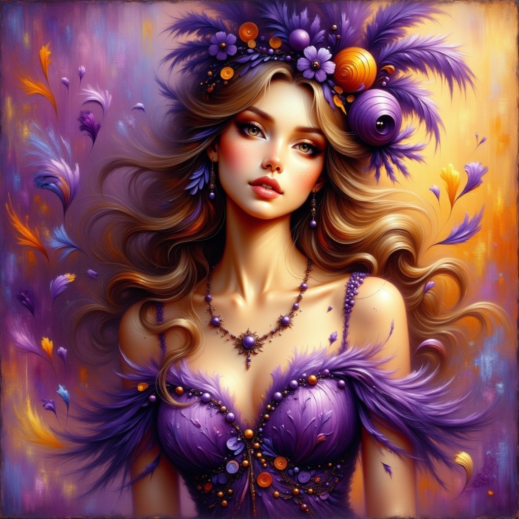 Elegant Woman in Purple Feathers and Jewels