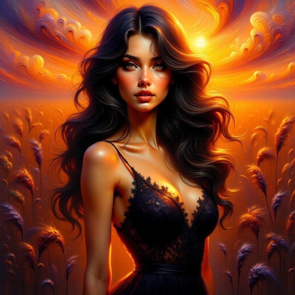 Portrait of a Young Woman at Sunset in a Black Dress