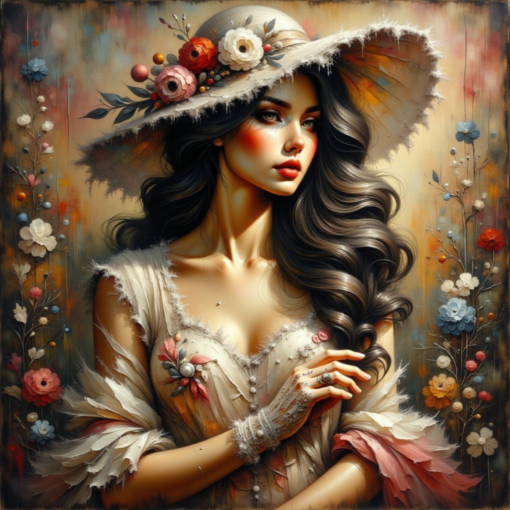 Elegant Woman in Floral Dress and Wide-Brimmed Hat