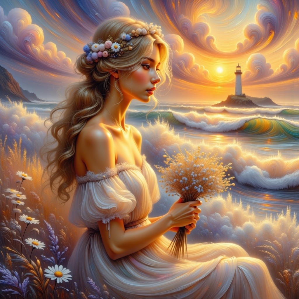 Young Woman in White Dress by Serene Seaside Sunset