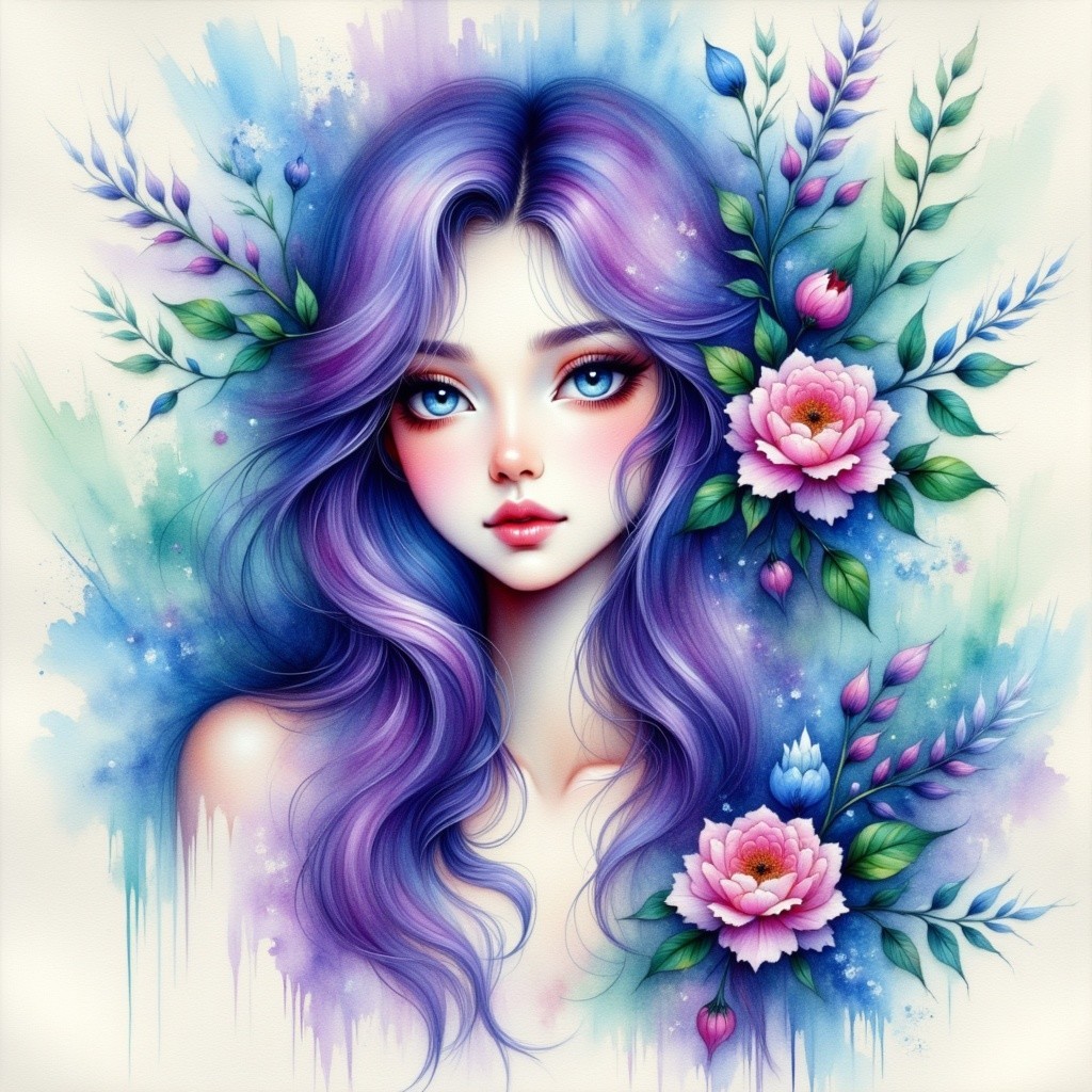 Ethereal Illustration of a Young Woman with Flowers