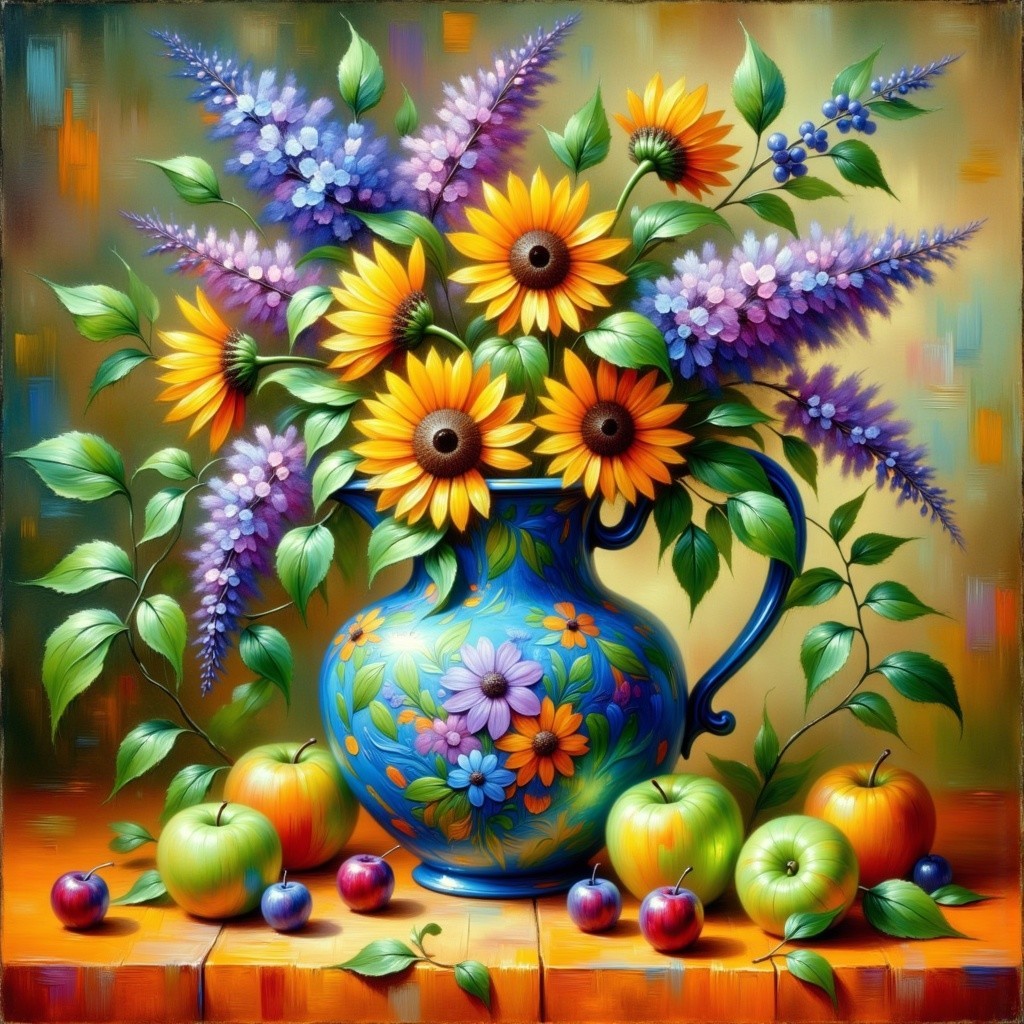 Vibrant Still Life with Sunflowers and Colorful Fruits