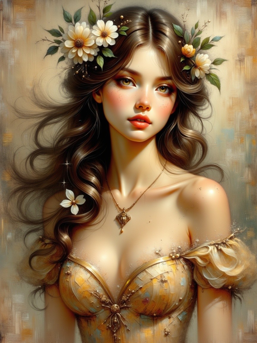 Young woman in floral attire with serene expression