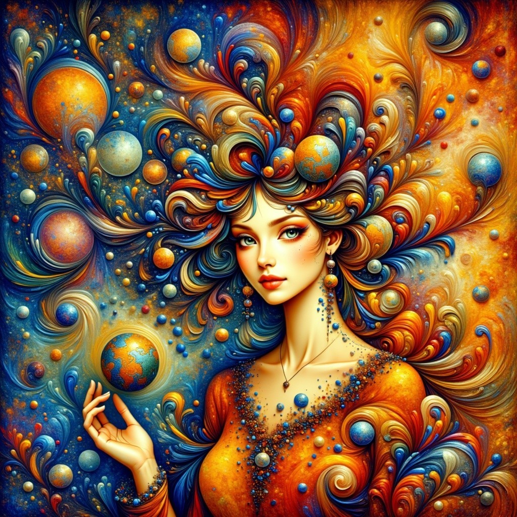 Stylized Woman with Celestial Hair and Globe