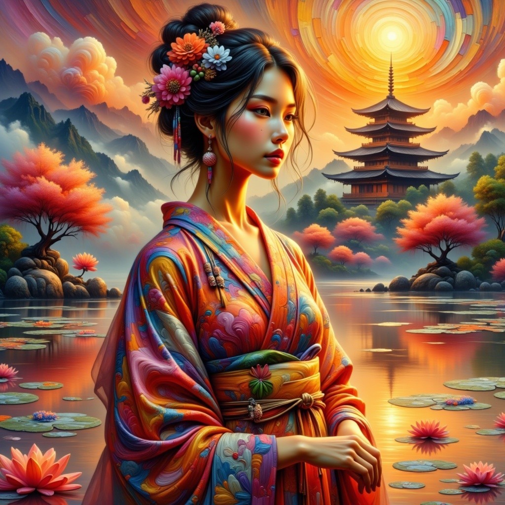 Young Woman in Kimono by Pagoda at Sunset