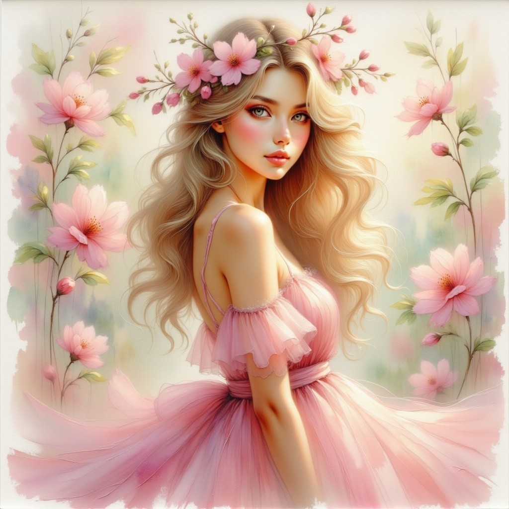 Young Woman in Floral Crown and Pastel Dress