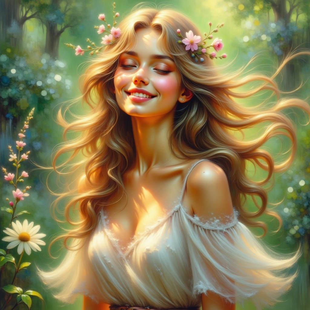 Young woman in sunlit forest with flowers and tranquility