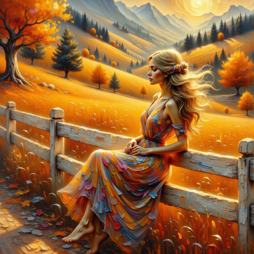 Autumn Landscape with Woman on Wooden Fence