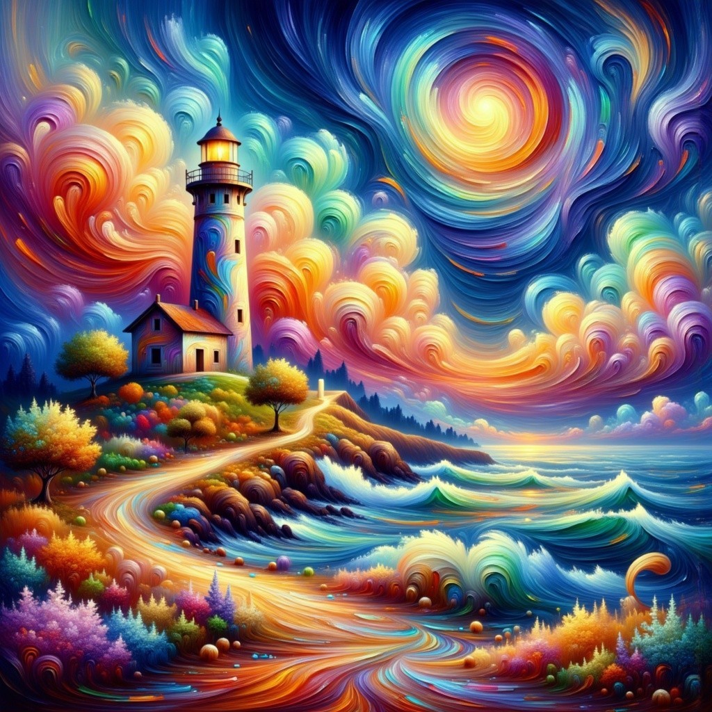 Vibrant Lighthouse on Rocky Shore with Dreamy Sky