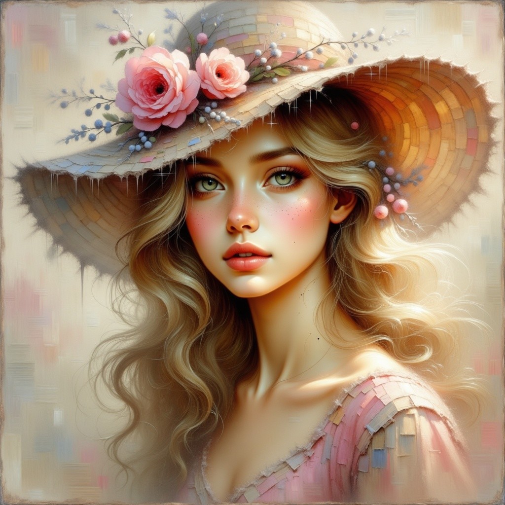 Young Woman in Straw Hat and Light Pink Dress