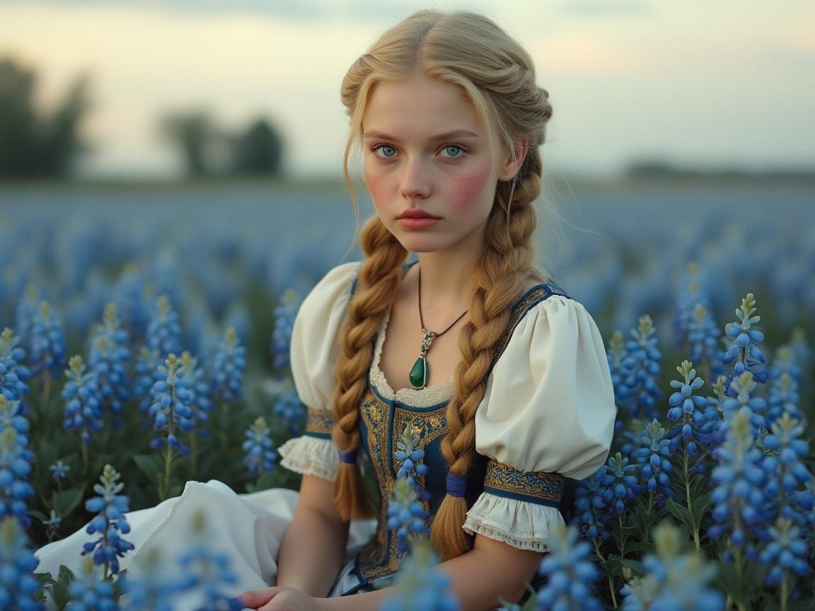 Young girl in traditional attire among blue flowers