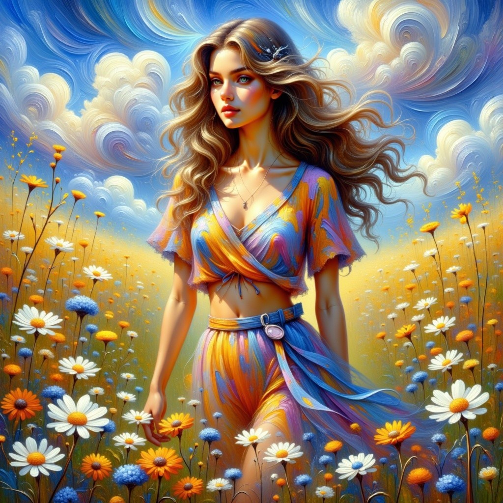 Young woman in vibrant wildflower field with dreamy sky