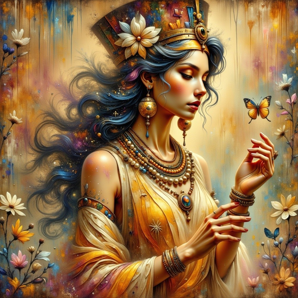 Digital Painting of a Woman with Golden Crown and Jewelry