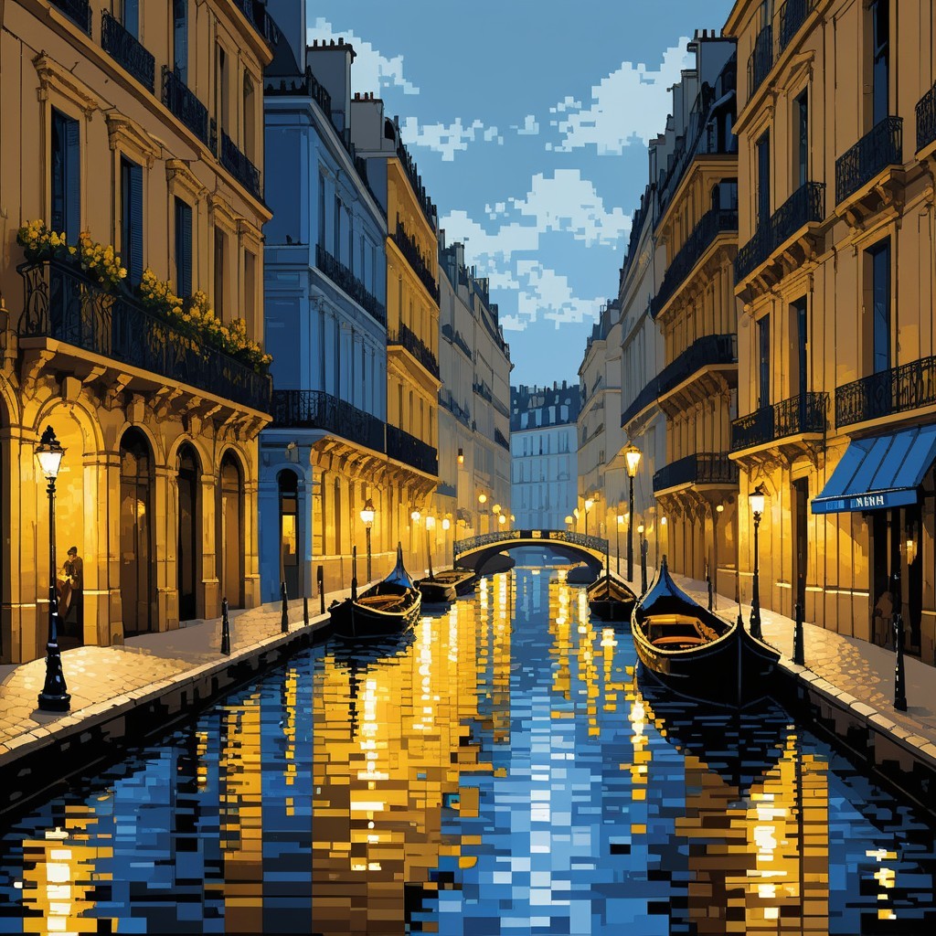 Parisian Street Scene at Twilight with Canal Reflections