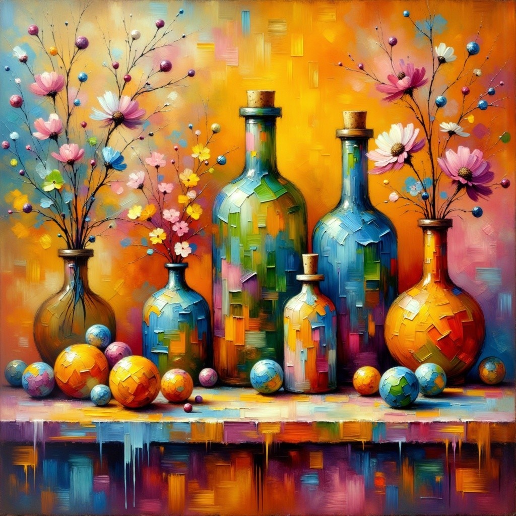 Vibrant Still Life with Colorful Bottles and Blooms