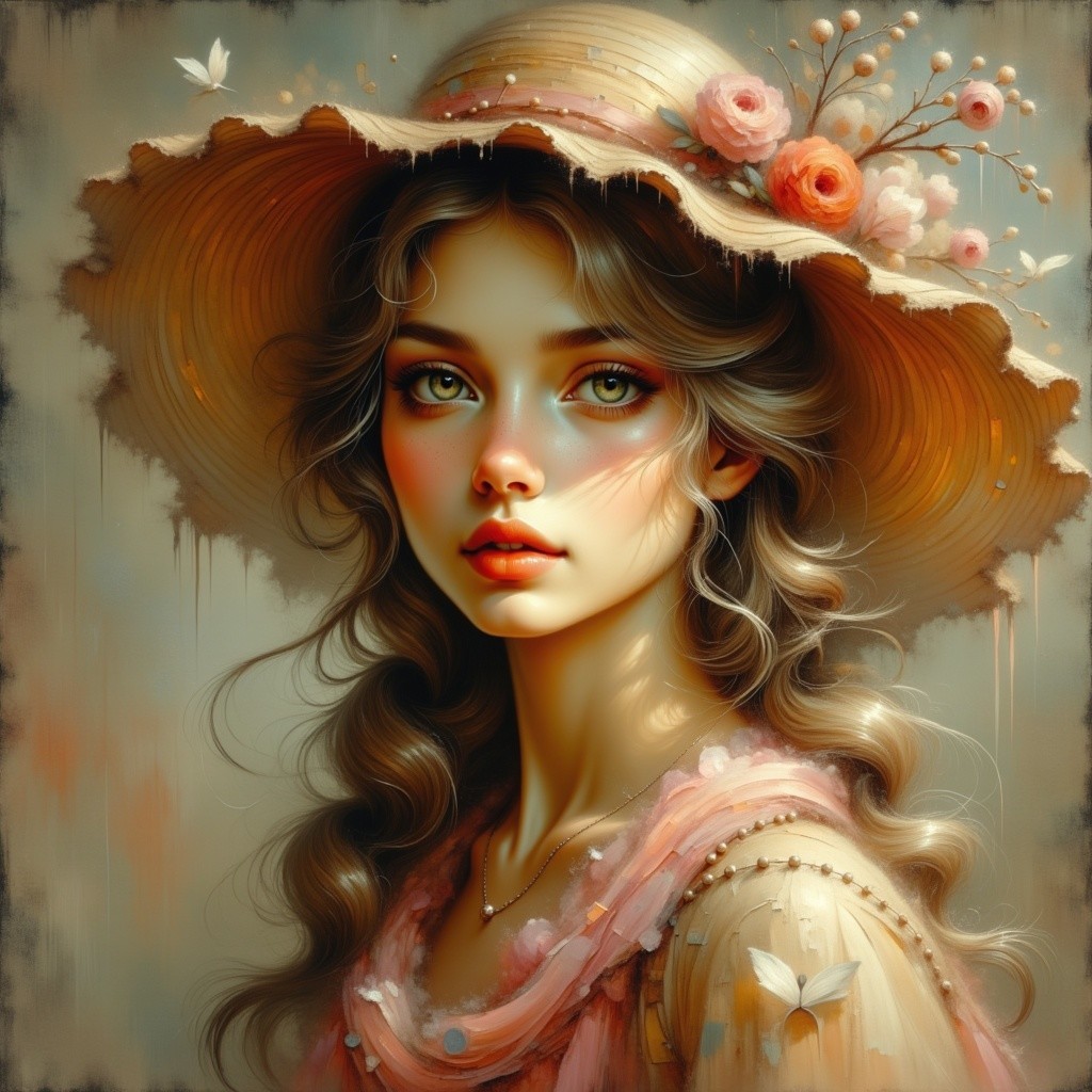 Young woman with flowers and straw hat in soft colors